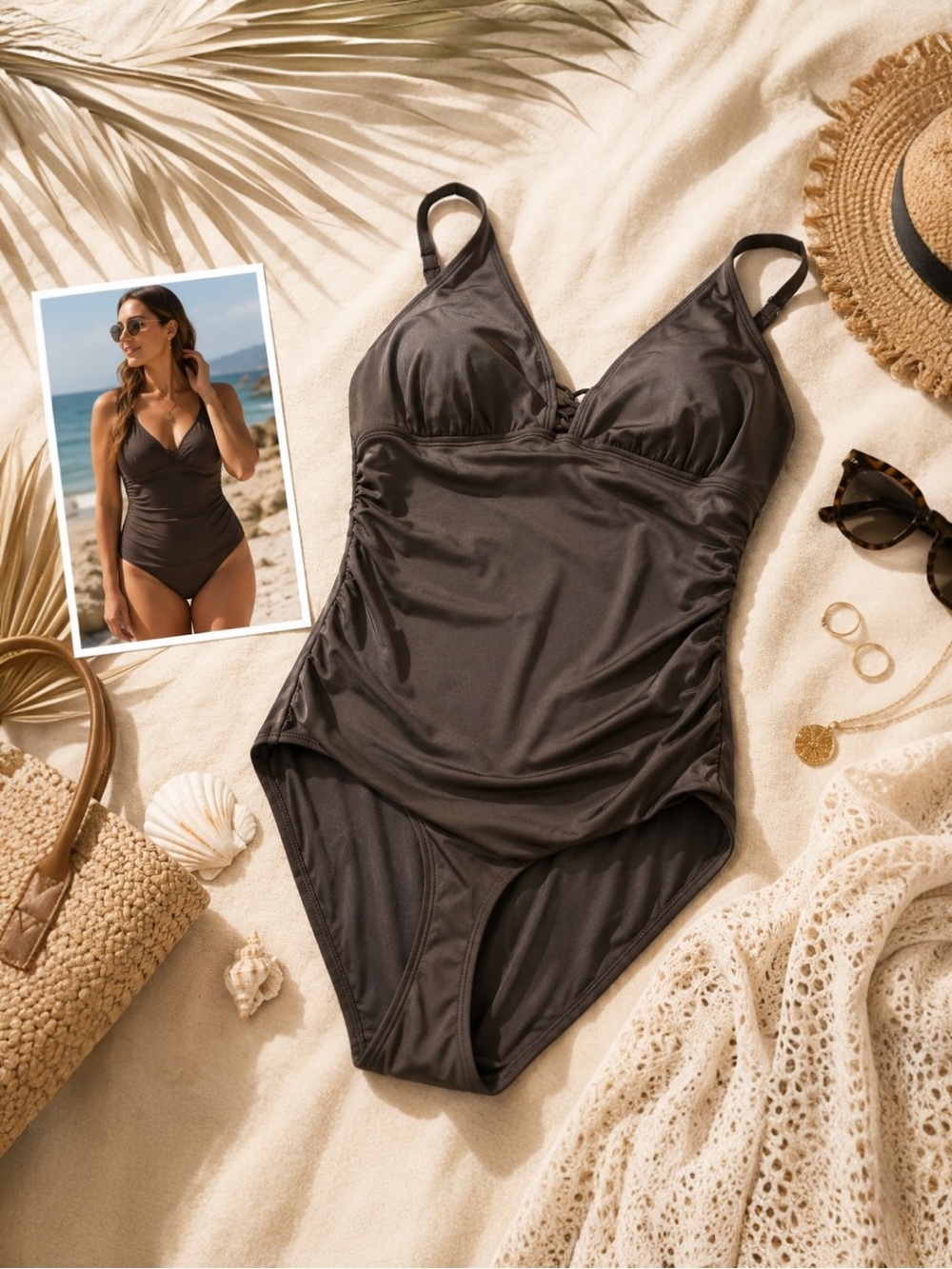 Vintage Jantzen Classics Sz 12 Espresso Brown Ruched One Piece Swimsuit 90s